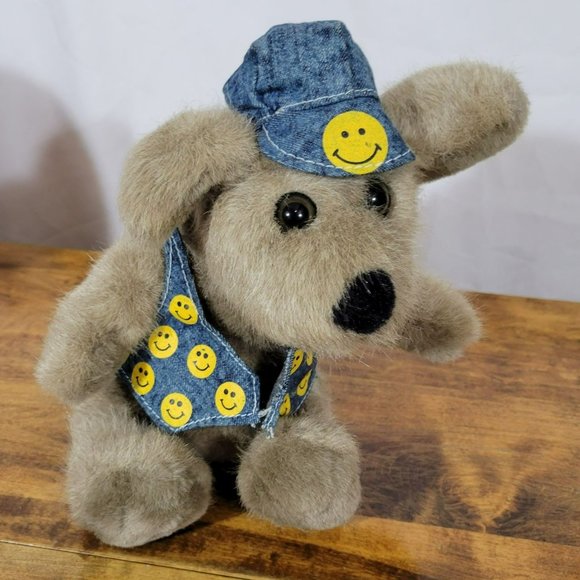 Vintage 1987 Commonwealth 10" Puppy with Denim Smiley Face Vest & Hat RARE - Picture 1 of 6